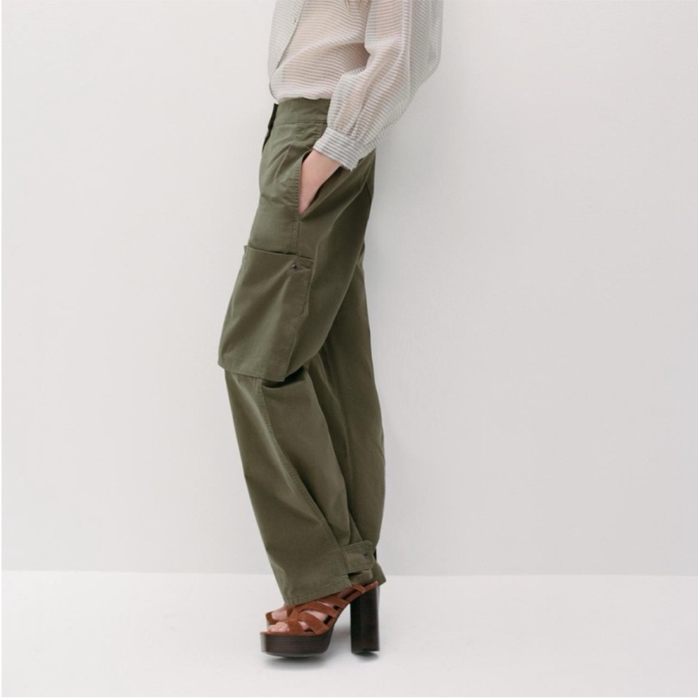Zara Olive Green Pleated Cargo High Rise Chino Trouser Size 2 - Picture 1 of 9